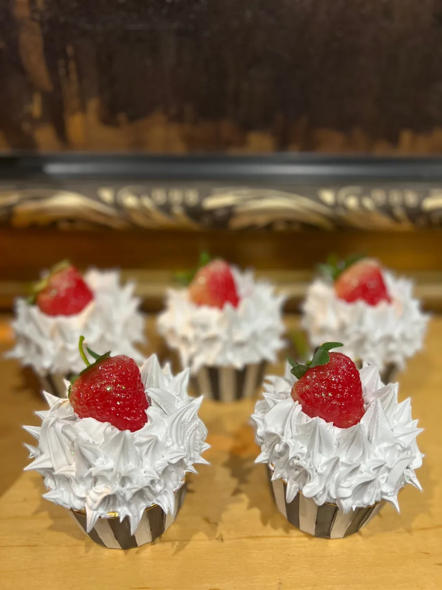 Artificial Fake Cake Cupcakes Set. Strawberry Theme. Black and White Prop Props, photograph 4
