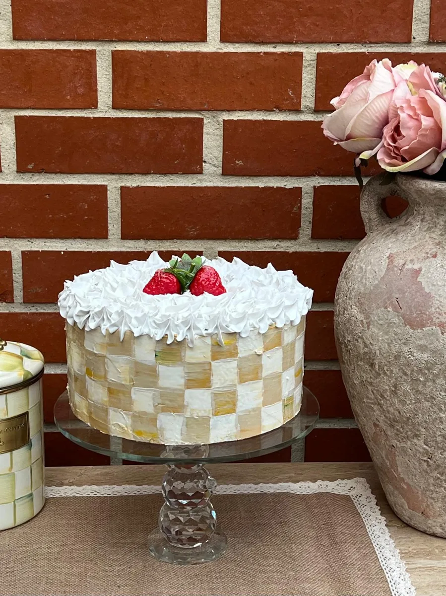 10” Fake Strawberry Cake. Parchment-inspired style, Yellow checkered cake, photograph 3