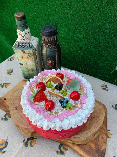 Artificial Fake Cake Strawberry and Mixed Fruits. Prop Props Kitchen Table Disp