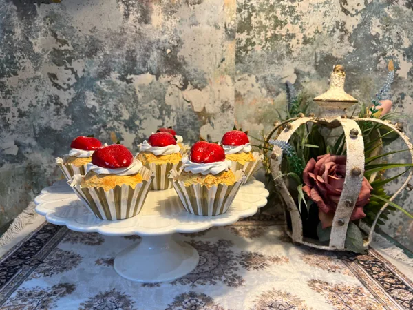 Artificial Fake Cupcakes Set with 6. Large Strawberry Theme. Prop Props Kitchen