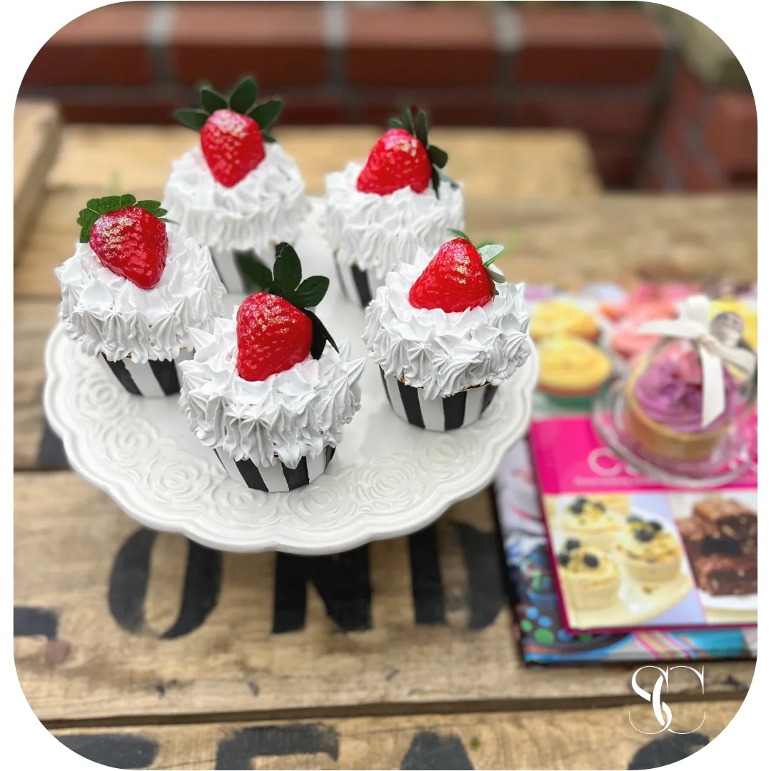 5 Fake Strawberries black white striped cupcakes., photograph 2