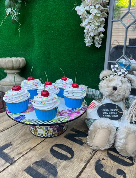 Artificial Fake Cupcakes Set. Cherry sprinkles Theme. Prop Props Kitchen Table