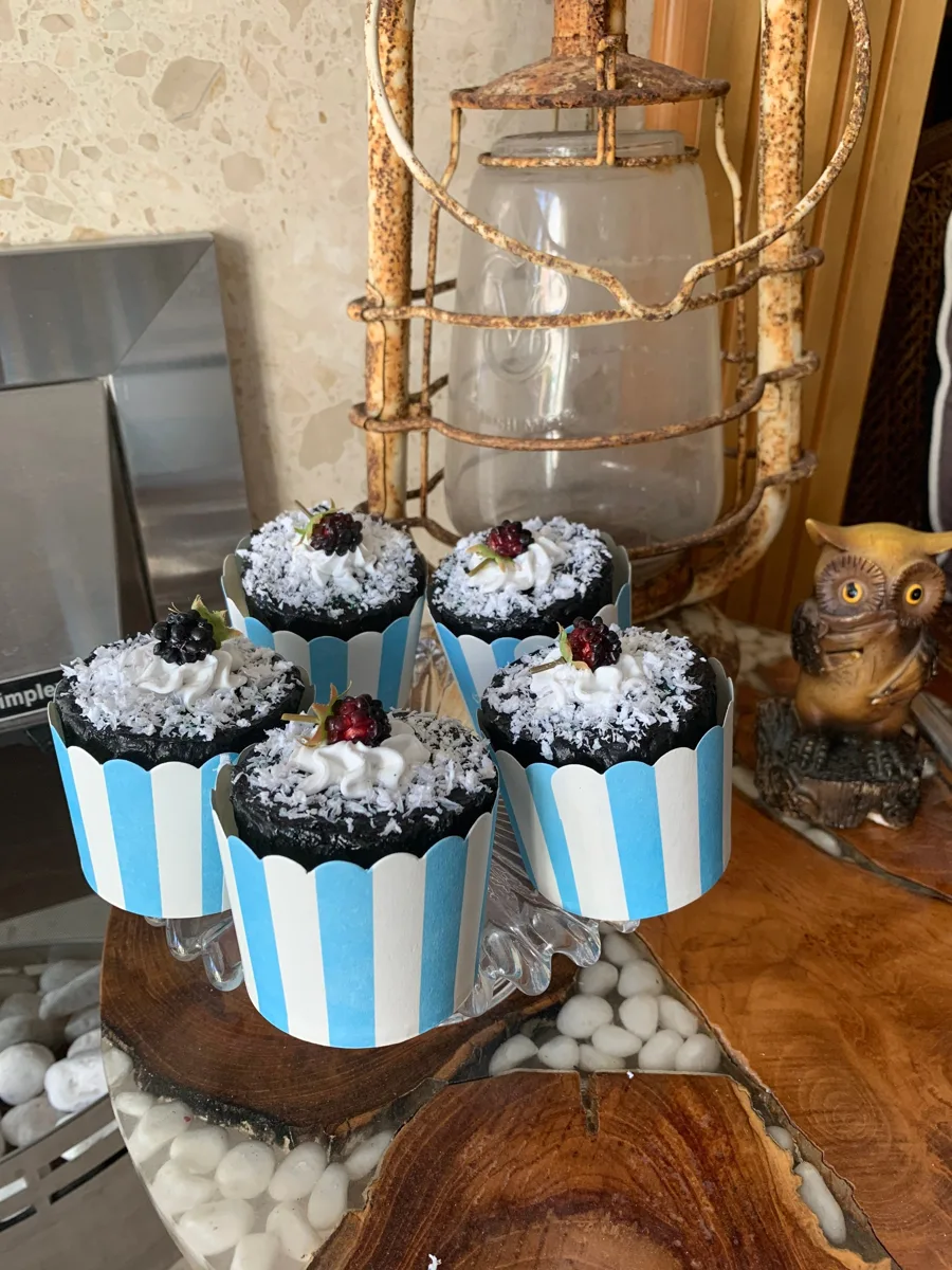 Artificial Fake Cake Cupcakes Set. 5 Blackcurrants cupcakes. Themed cupcakes. P, photograph 2