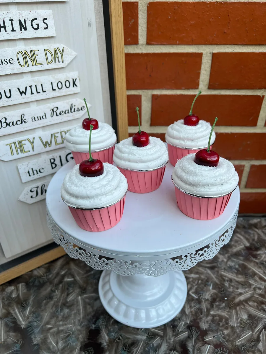 Artificial Fake Cake Cupcakes Set. 5 Cherry coconut Theme cupcakes. Prop Props, photograph 1