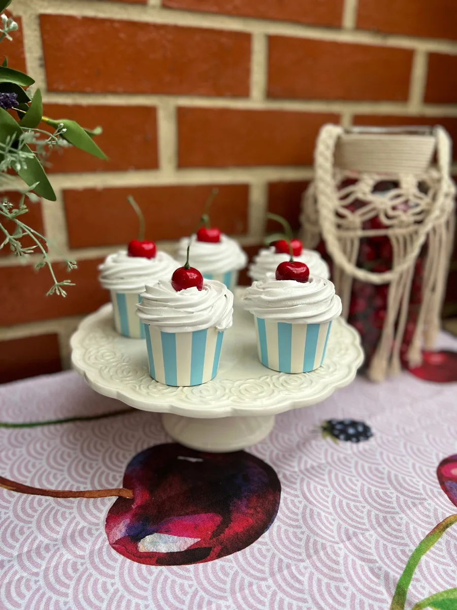 Artificial Fake Cake Cupcakes Set. 5 Cherry Theme cupcakes. Prop Props Kitchen, photograph 7