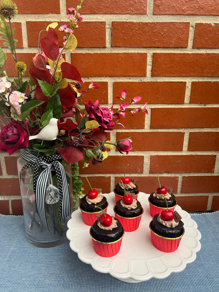 Artificial Fake Cake Cupcakes Set. 6 Cherry and chocolate cupcakes. Themed cupc, photograph 3