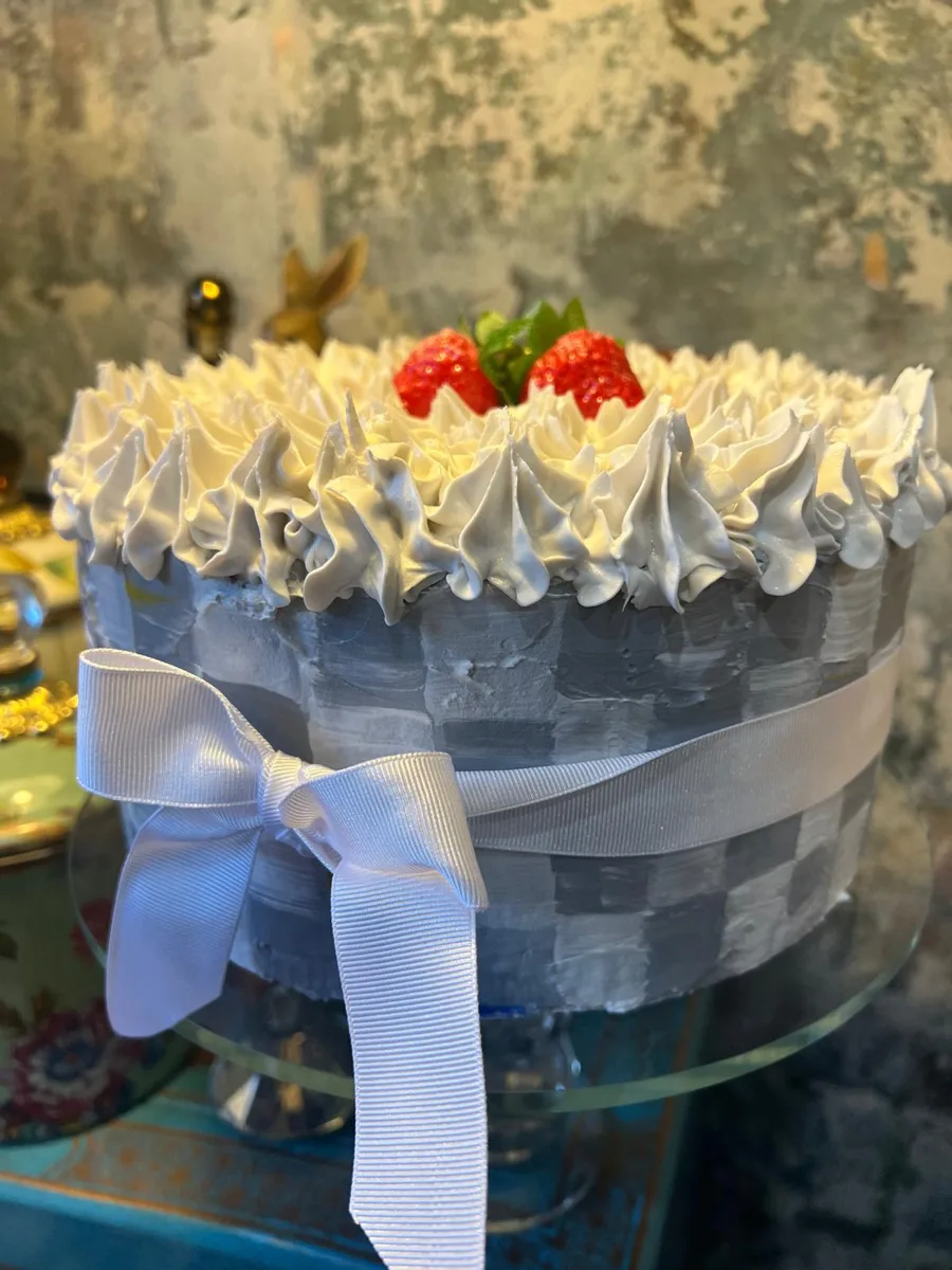 Title: Handmade Faux Cake, 10” Strawberry with Silver Check Pattern &  Ribbon, photograph 4