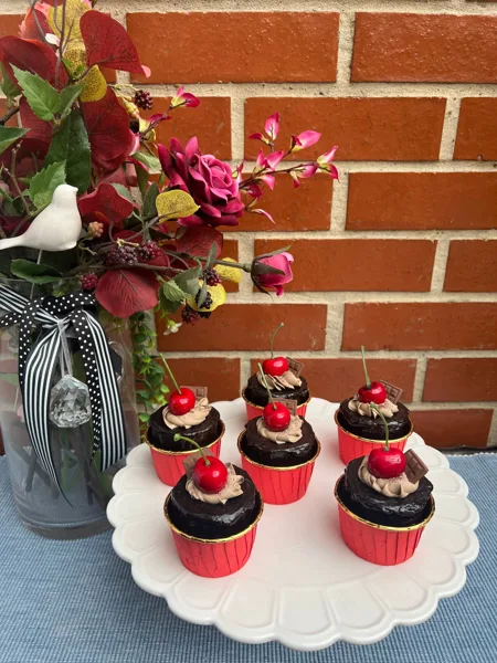 Artificial Fake Cake Cupcakes Set. 6 Cherry and chocolate cupcakes. Themed cupc