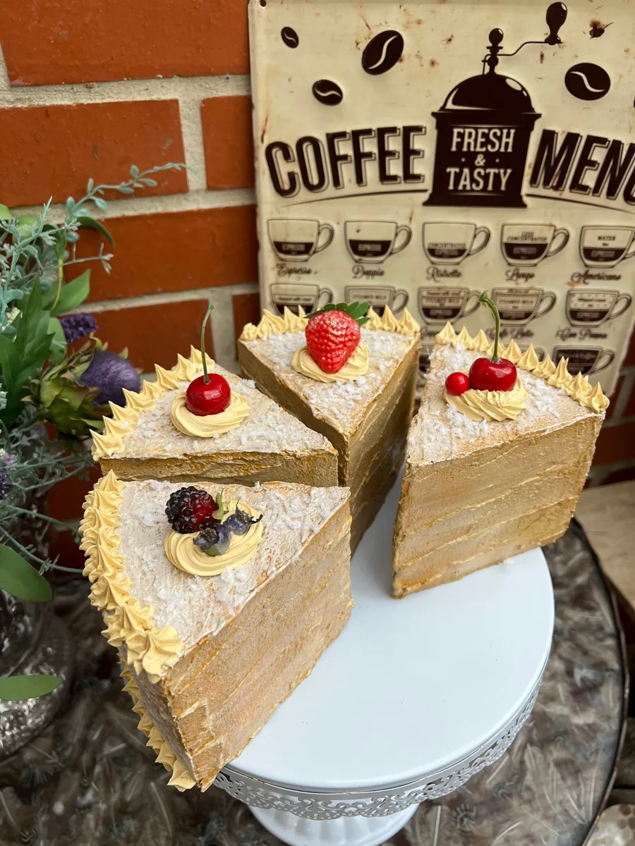 Artificial Fake Cake. 4 Fake vanilla cake slices. Mixed fruits. Faux cake. Prop, photograph 2