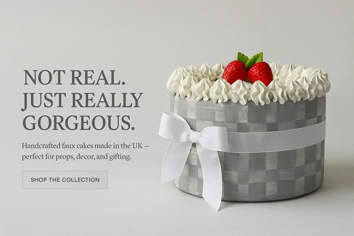 Title: Handmade Faux Cake, 10” Strawberry with Silver Check Pattern &  Ribbon, photograph 2