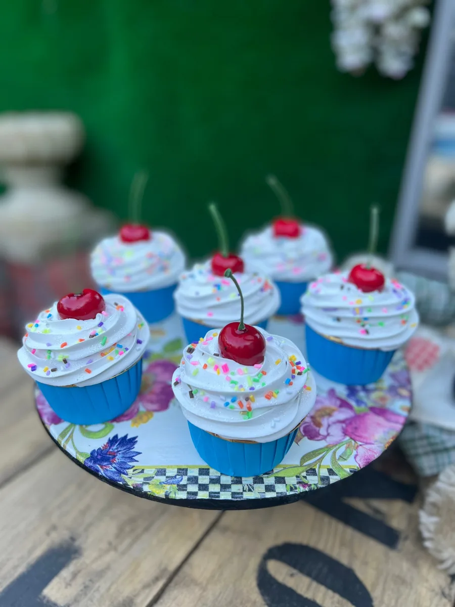 Artificial Fake Cupcakes Set. Cherry sprinkles Theme. Prop Props Kitchen Table, photograph 6
