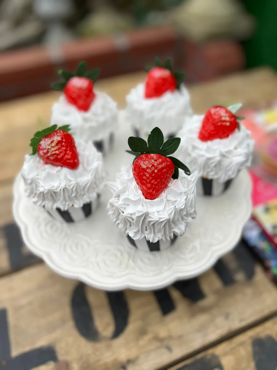 Artificial Fake Cake Cupcakes Set. 5 Strawberries black white striped cupcakes., photograph 3