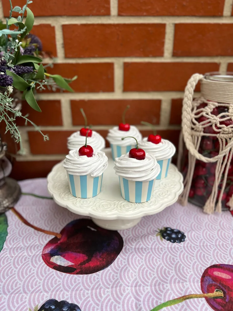 Artificial Fake Cake Cupcakes Set. 5 Cherry Theme cupcakes. Prop Props Kitchen, photograph 1