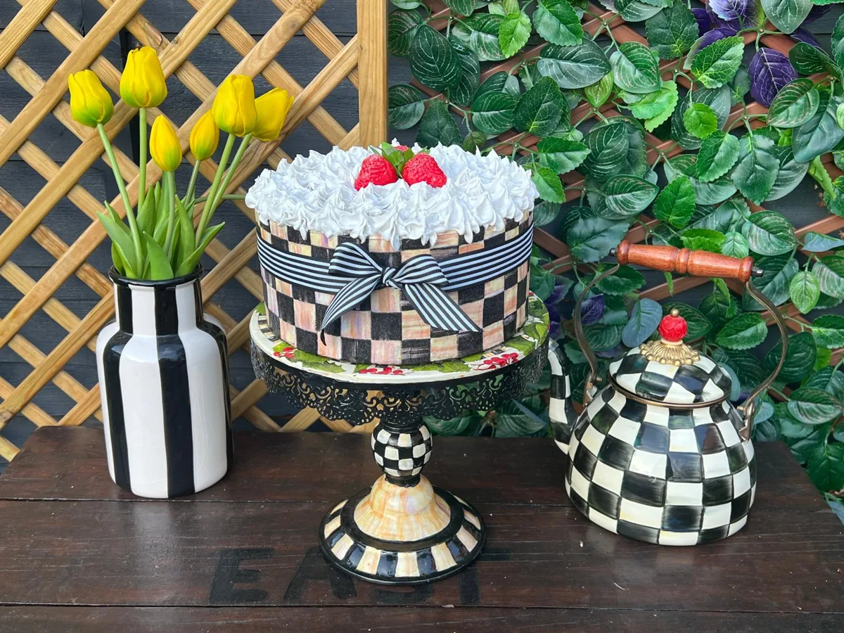 Artificial Fake Cake. 10” Fake Strawberry Cake. Black Courtly Inspired style., photograph 3
