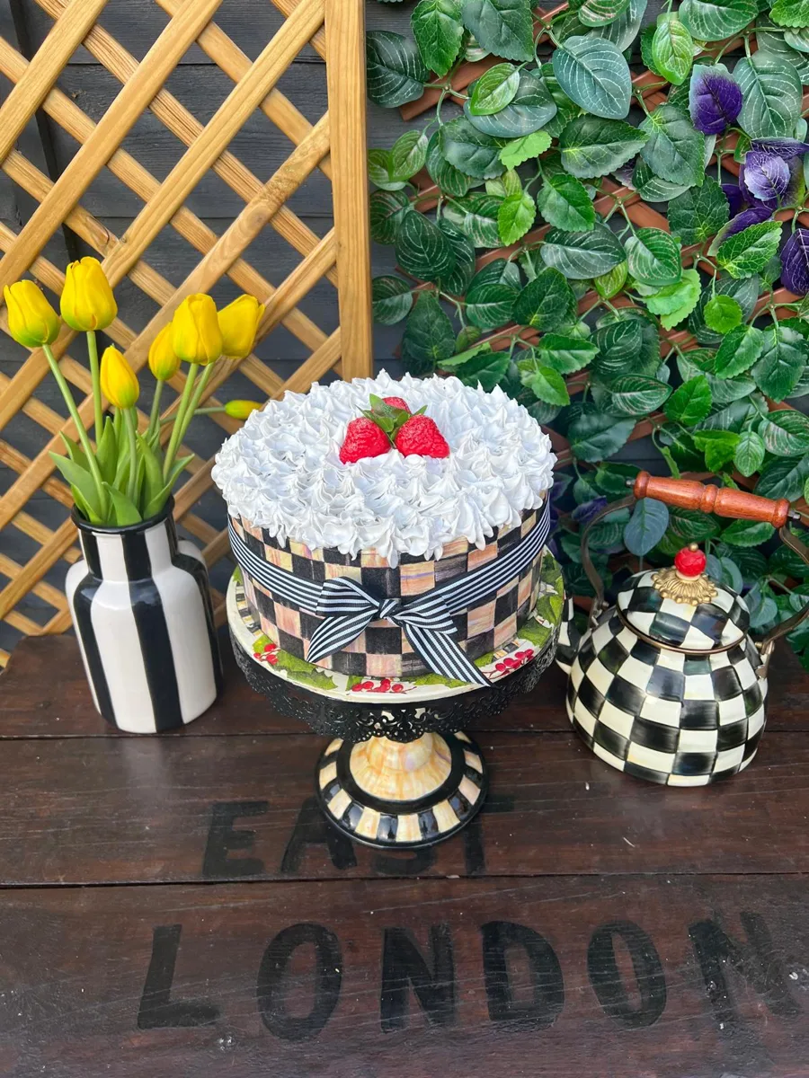 Artificial Fake Cake. 10” Fake Strawberry Cake. Black Courtly Inspired style., photograph 2