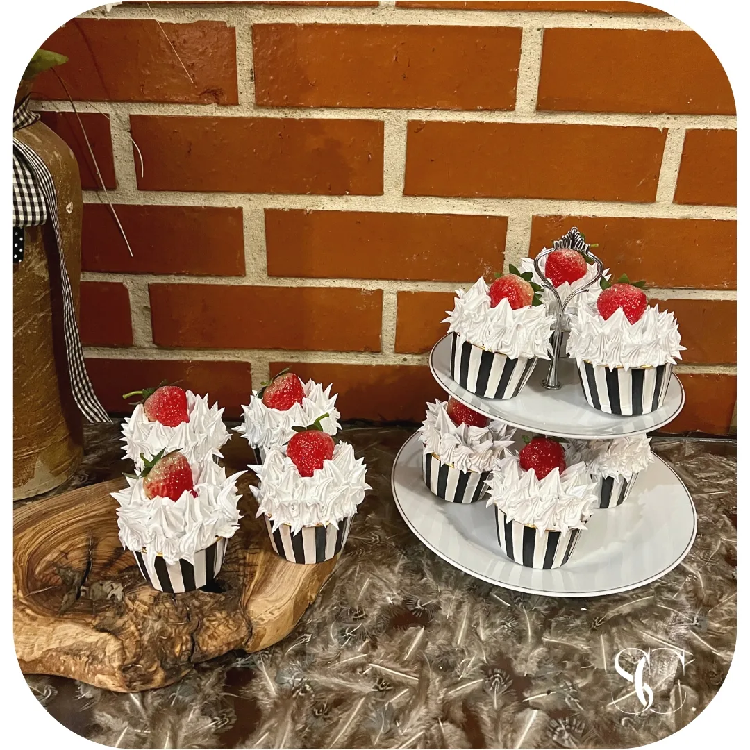 5 Fake Strawberries black white striped cupcakes., photograph 3