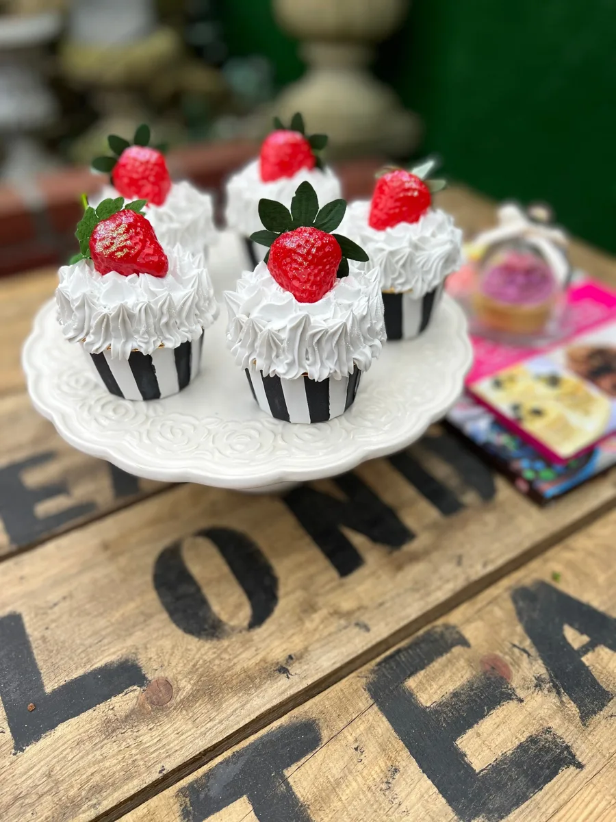 Artificial Fake Cake Cupcakes Set. 5 Strawberries black white striped cupcakes., photograph 2