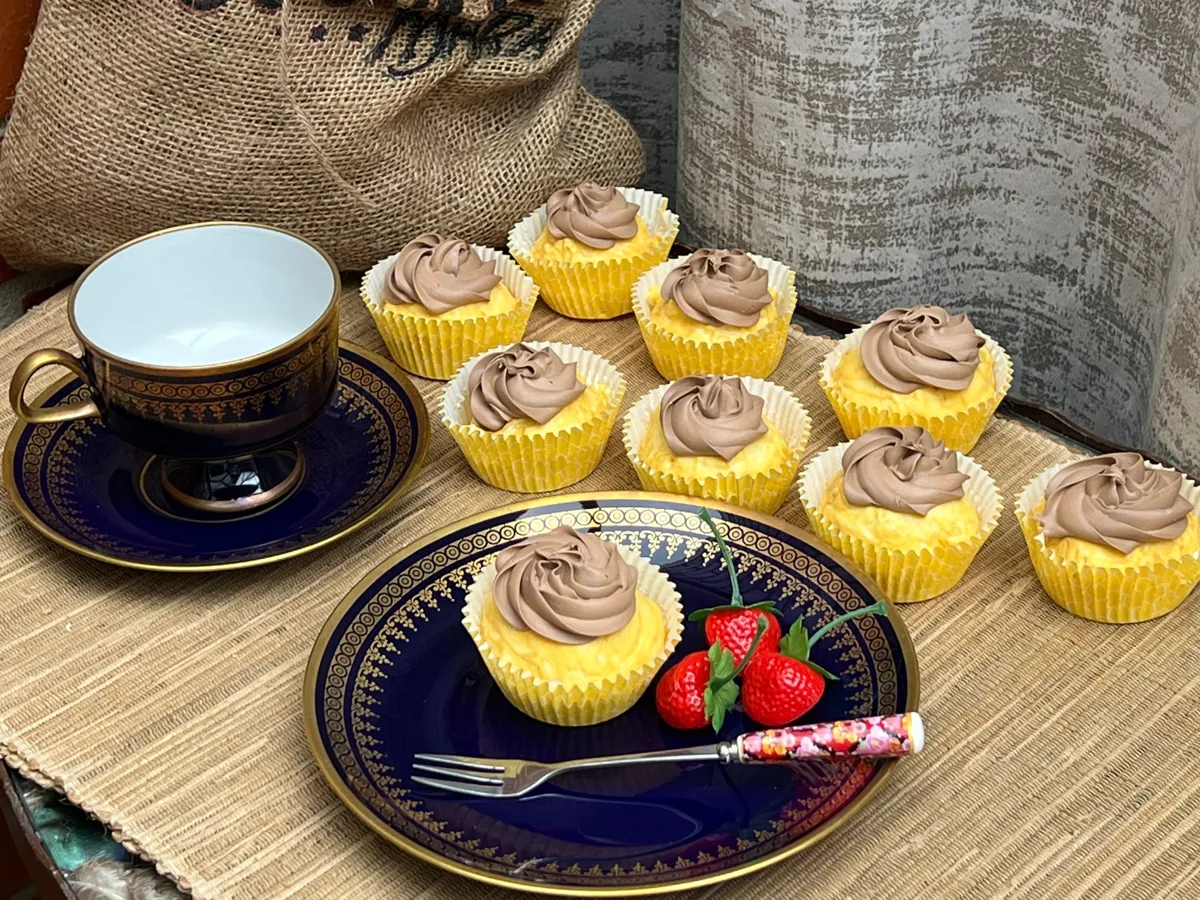 Artificial Fake Cake. Chocolate Cupcakes. Easter bunny Prop Props Kitchen Table, photograph 1