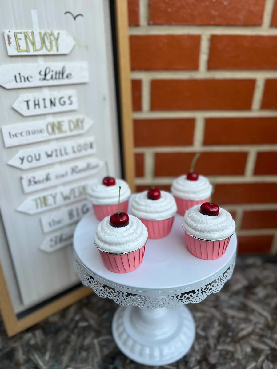 Artificial Fake Cake Cupcakes Set. 5 Cherry coconut Theme cupcakes. Prop Props, photograph 2
