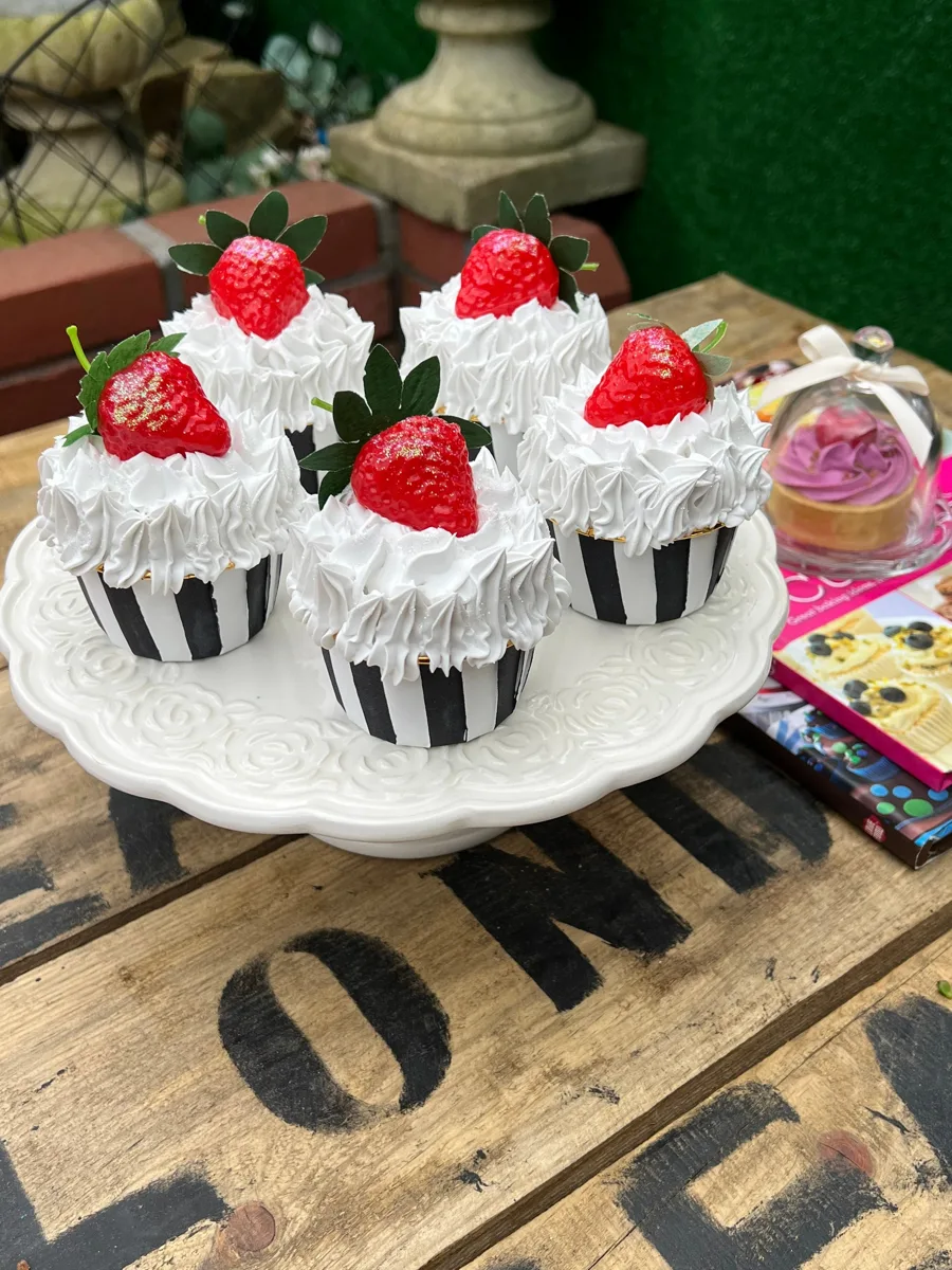 Artificial Fake Cake Cupcakes Set. 5 Strawberries black white striped cupcakes., photograph 1